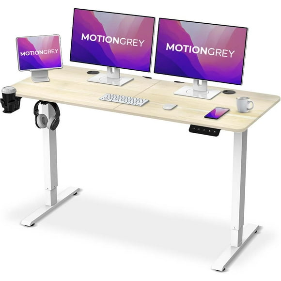 MotionGrey Standing Desk Height Adjustable Electric Motor Sit-to-Stand Desk Computer for Home and Office - White Frame (55"x24" Light Brown Tabletop Included)