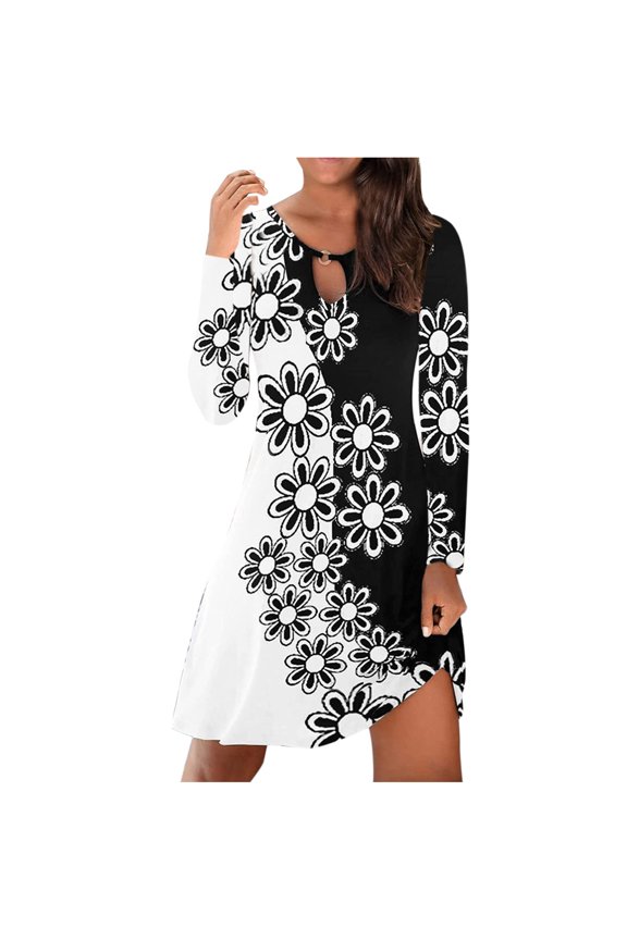 Womens Fashion Vintage O-Neck Long Sleeve Print Round Button Dresses