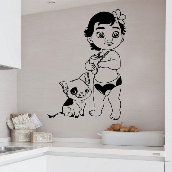 Cute Little BabyMoana And Pig Pua Vinyl Wall Art Sticker Decal Moana Disney Themed Wall Sticker For Girls Boys Kids Room Design Bedroom Nursery Kindergarten House Decoration Size (18x20 inch)