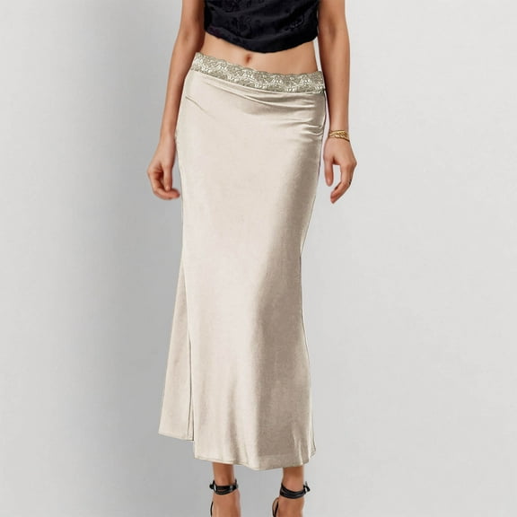 Womens Skirt Plus Size Lace Waist Satin Skirt Summer Solid Color Elegant A-Line Skirt Beige XL