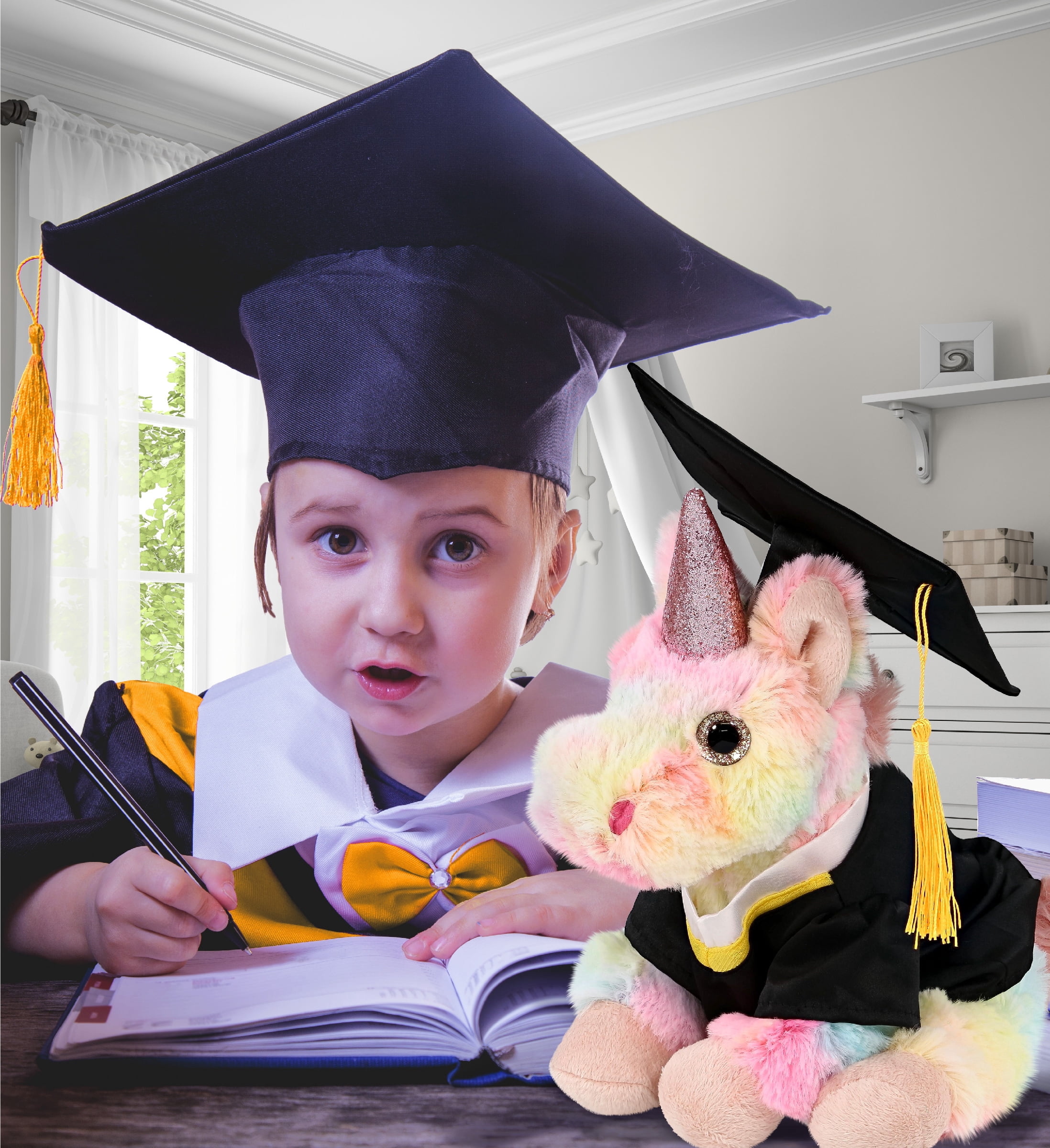 DolliBu Super Soft Rainbow Unicorn Graduation Plush Toy – Cute Plush Graduation Unicorn Stuffed Animal Dress Up in Black Graduation Cap with Tassel – Congratulatory Graduation Gift – 9 Inches