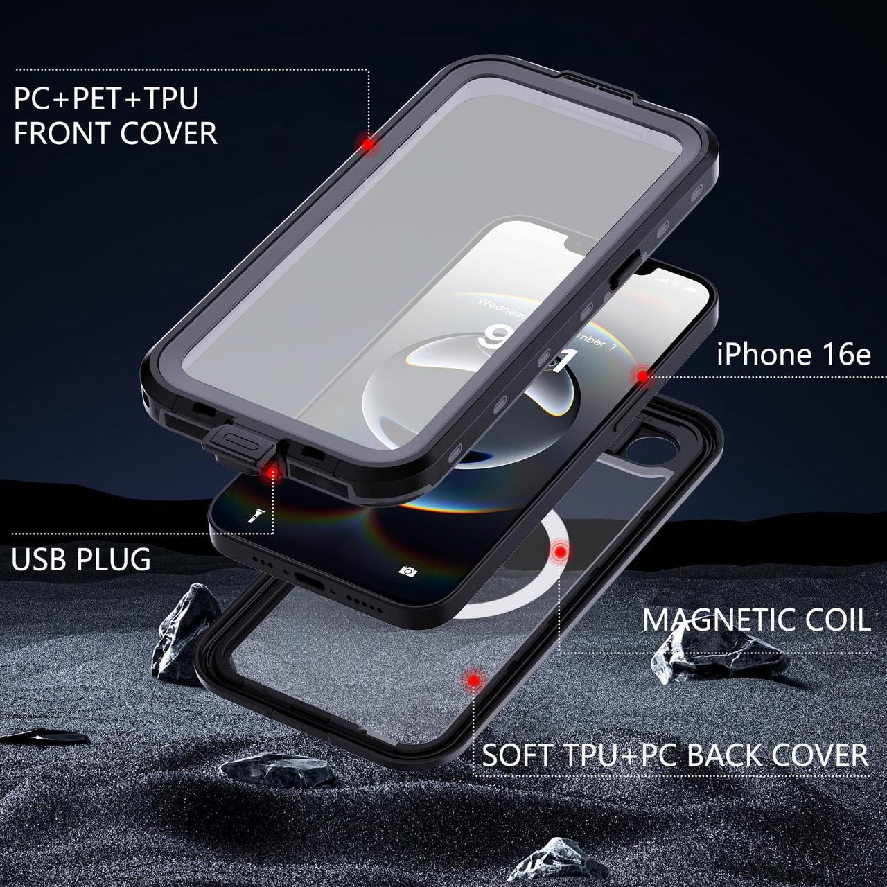 Waterproof Case for iPhone 16e, Shockproof Dustproof Built-in Screen Protector, Full Body Sealed Heavy Duty Protective Cover for iPhone 16e 6.1 Inches