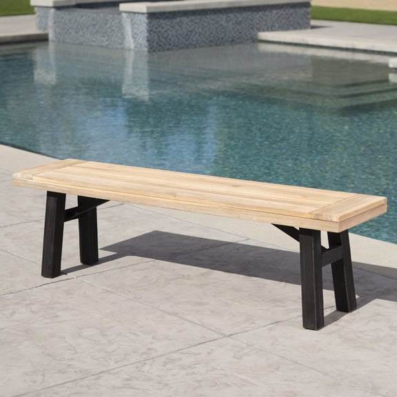63-inch Outdoor Bench with Slat Panel Design, Acacia Wood Frame, 600lb Capacity Patio Bench for Garden, Porch, and Backyard, Grey and Natural Finish