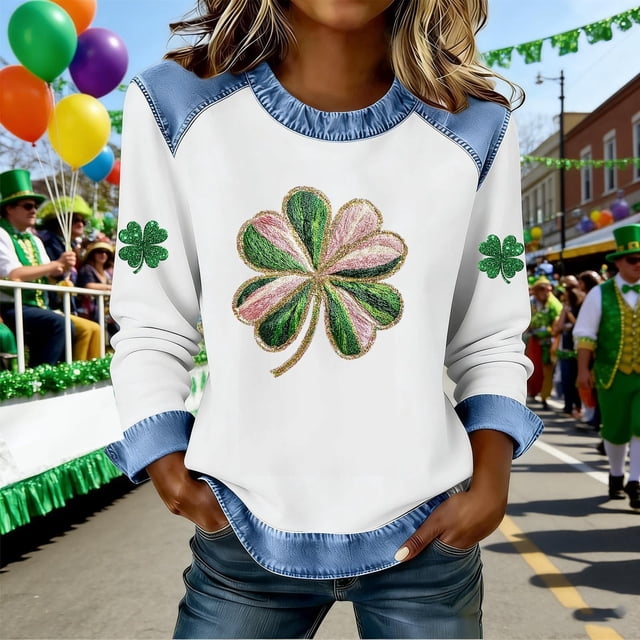 TaTaai St Patrick's Day Casual Women's Color Block Long Sleeve Round Neck Shirt, Fashion Comfort for Holiday Daily Wear Gift