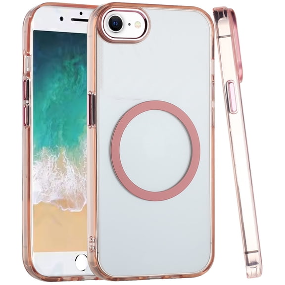 For Apple iPhone 16e Case, Transparent Back Hybrid Case - Magnetic Circle, Color Frame, Metal Buttons, MagSafe Compatible Phone Cover (Rose Gold)