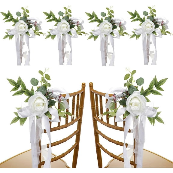 FQQWEE 6Pcs Wedding Aisle Chair Decorations White Rose Floral Wedding Chair Back Flowers with Leaves and Ribbons Church Chair Bench Pew Flowers for Wedding Ceremony Decor …, 10.11x10.62 inch