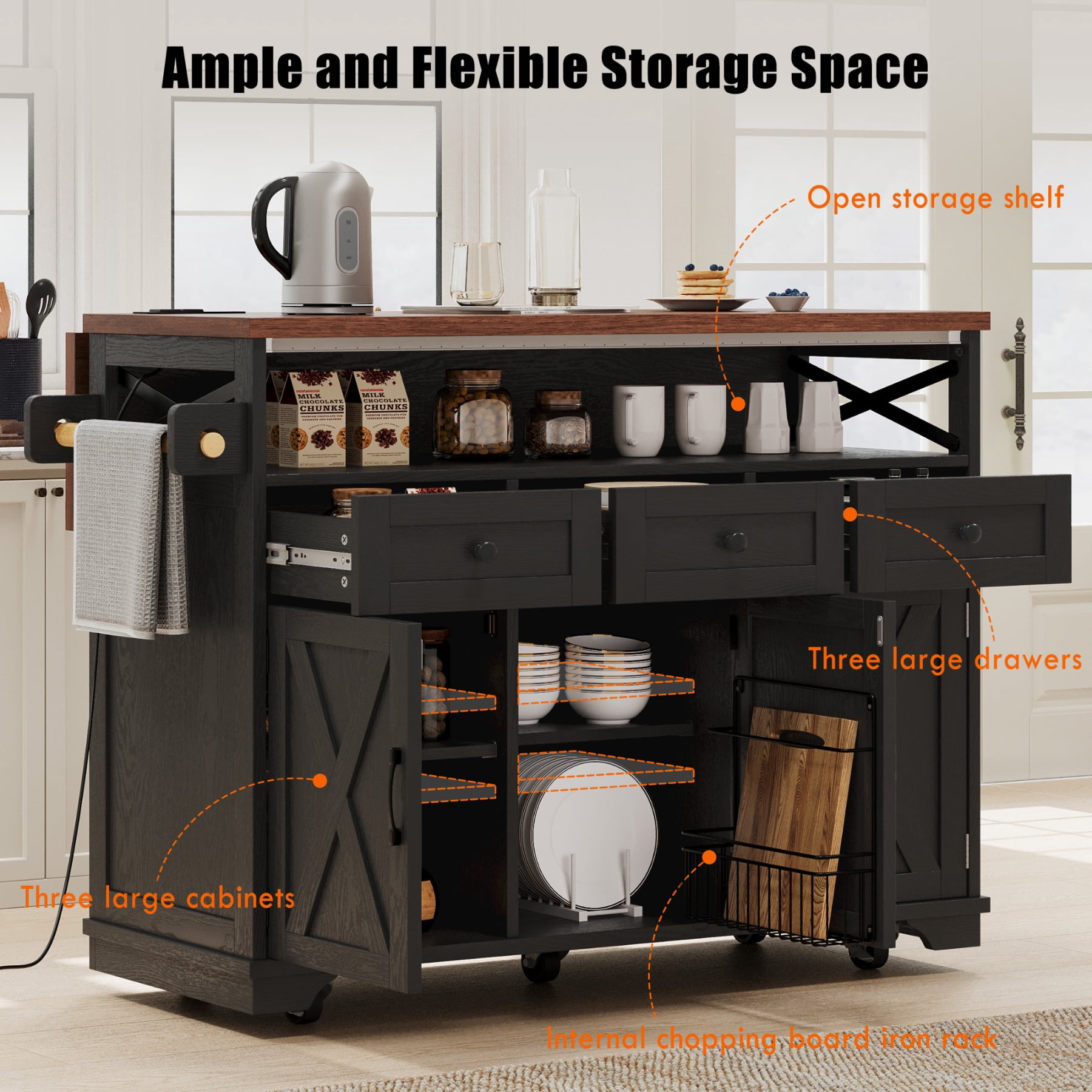 Harper & Bright Designs Farmhouse Kitchen Island with Drop Leaf and Wheels, Kitchen Storage Cart with Drawers and Internal Iron Shelf, Rolling Kitchen Island with Power Outlet, Black