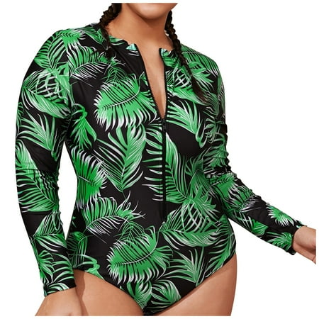 MITCOWBOY Clearance Swimsuit Sets Women s Fashion Long Sleeve Printed Onepiece Zip Conservative Plus Size Swimsuit Green Bikini Sets for Women Plus Size Swimsuit for Women