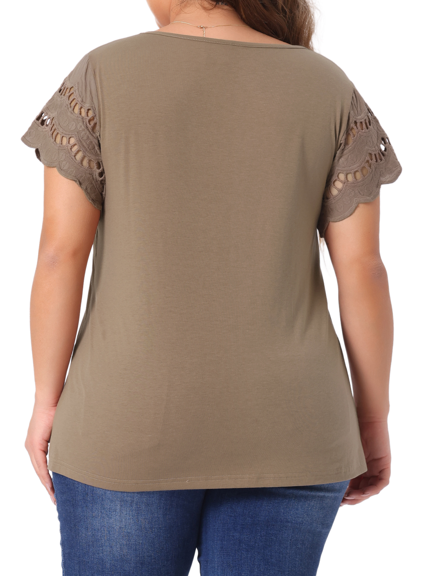 Unique Bargains Women's Plus Size Round Neck Lace Panel Blouses 3X Brown