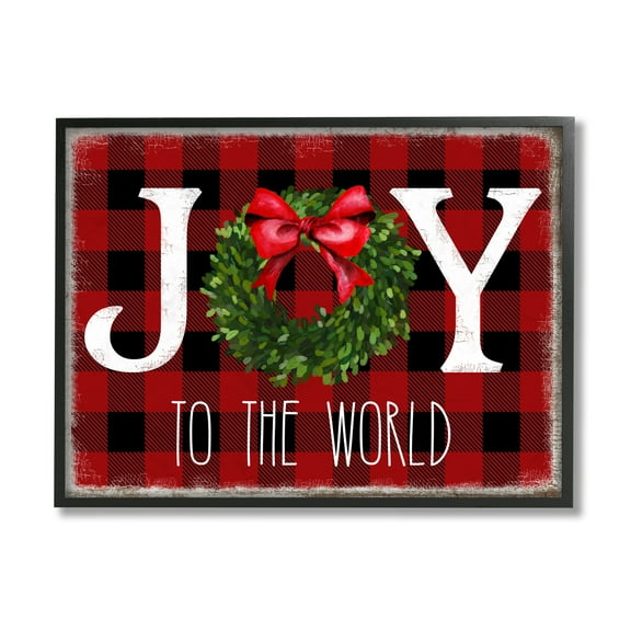 Stupell Industries Joy To World Christmas Charm Buffalo Plaid Black Framed Design by Deborah Brown