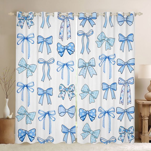 jejeloiu Kawaii Bowtie Cartoon Bow Curtains Pack of 2 (42x84 Each),Blue White Curtains Blackout For Girl Kids