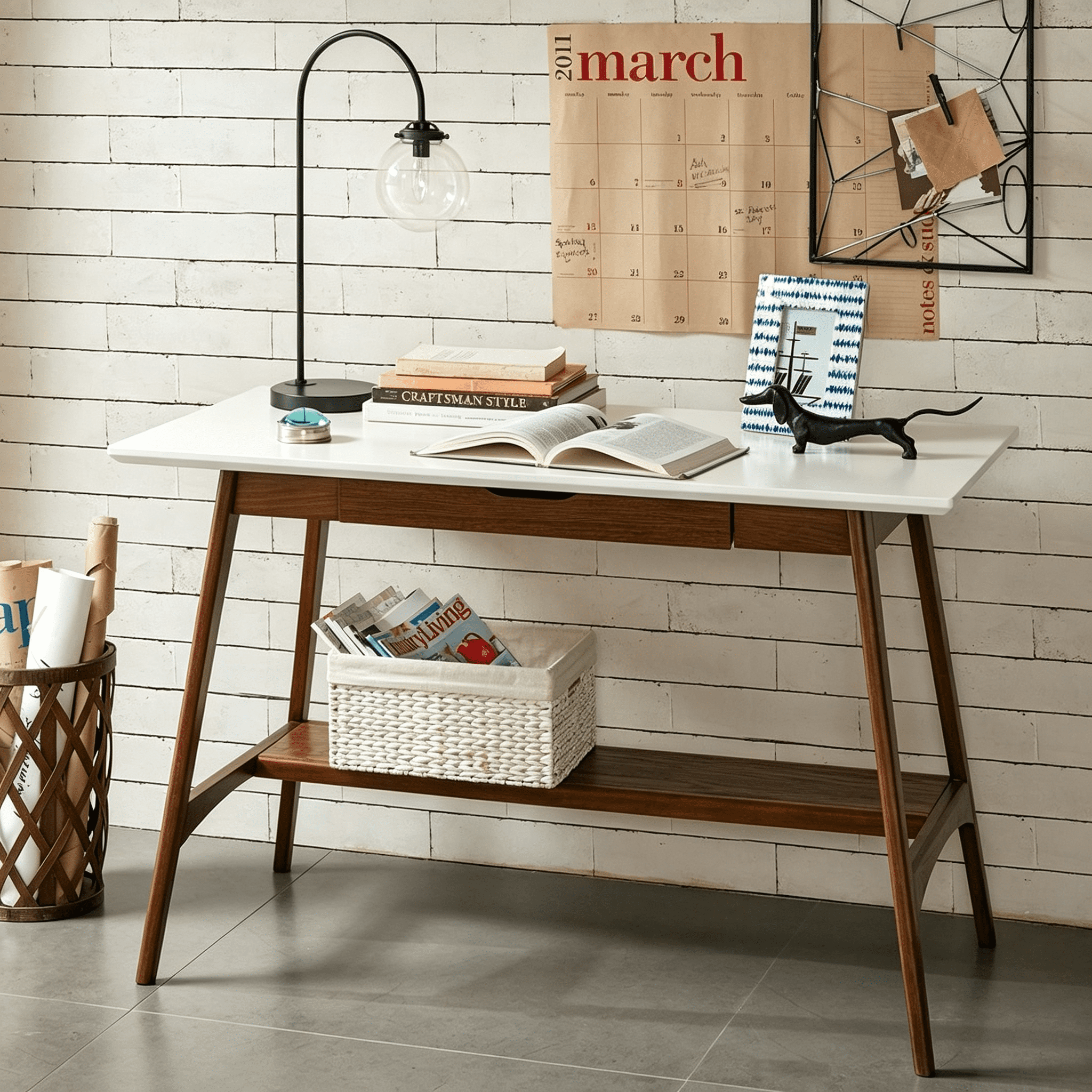Asteroutdoor Desk with White Top and Pecan Wood Base, Lower Shelf, Assembly Required
