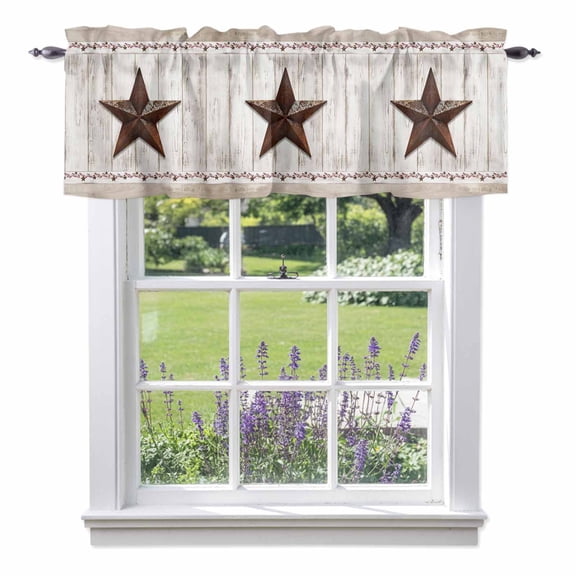 American Country Valances for Windows, Star Berry Farmhouse Retro Beige Wood Grain Valance Window Treatment Rod Pocket Short Curtains Valances for Kitchen Bathroom 54"W x 18"L