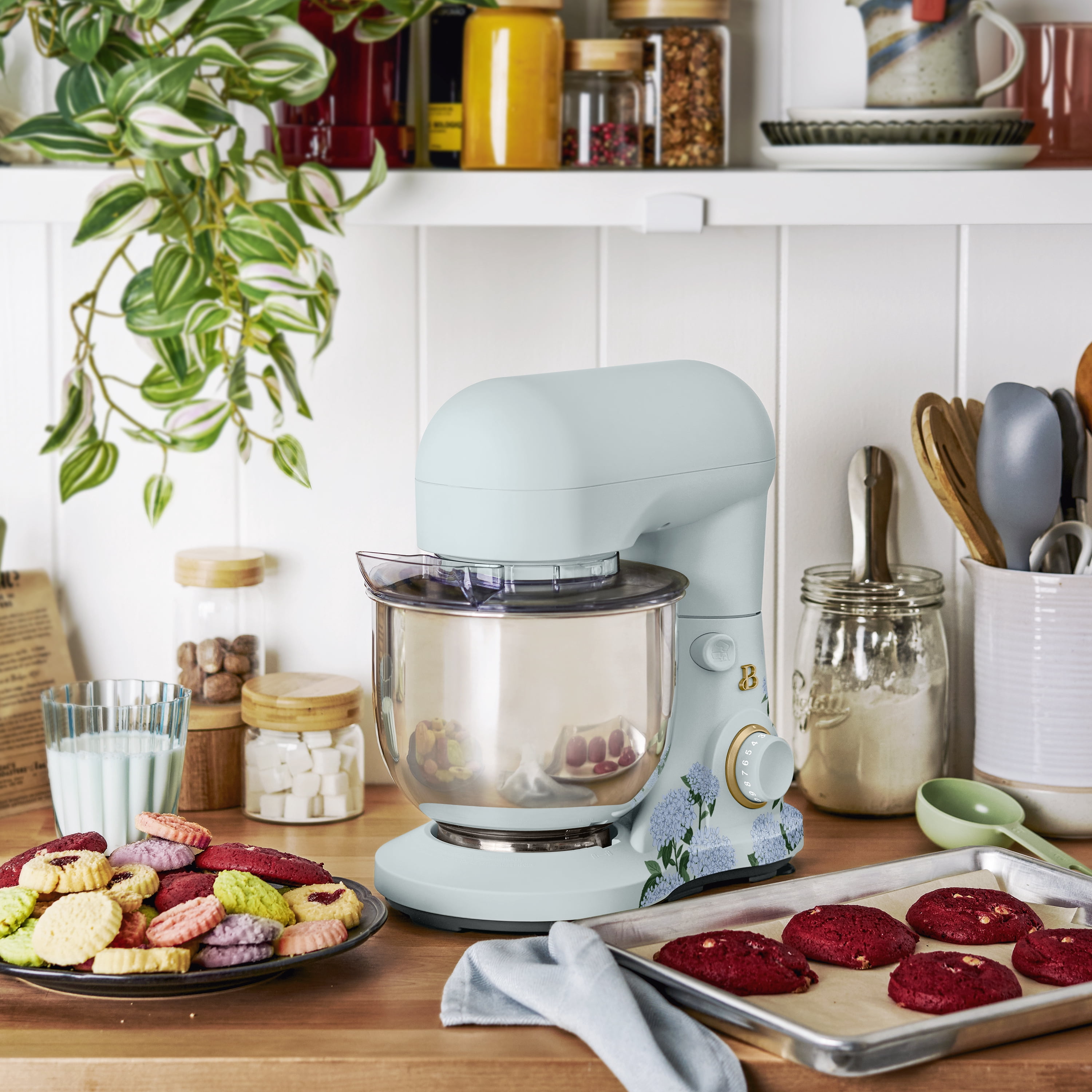 Beautiful 3.5 Qt Tilt-Head Stand Mixer with Flat Beater, Dough Hook & Balloon Whisk, Hydrangea Floral by Drew Barrymore