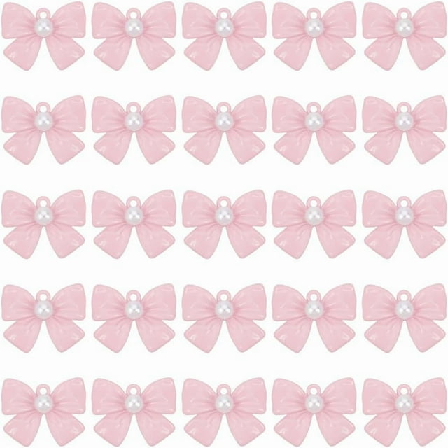1 caja de 30 dijes de lazo rosa de metal, abalorios de aleación de imitación de perlas, lazos, conectores de lazos, dijes