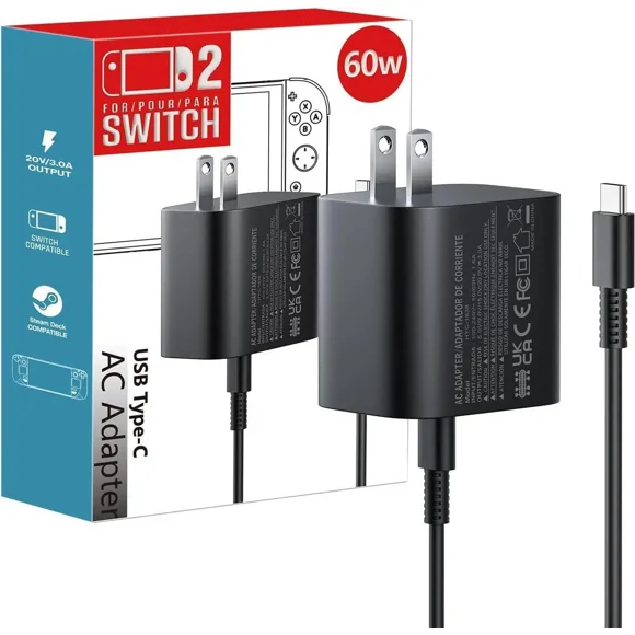 60w Charger for Nintendo Switch 2 Charger Power AC Adapter Fast Charging with 5FT USB C Cord Cable Compatible with Lite, OLED, Steam Deck - Support TV Mode