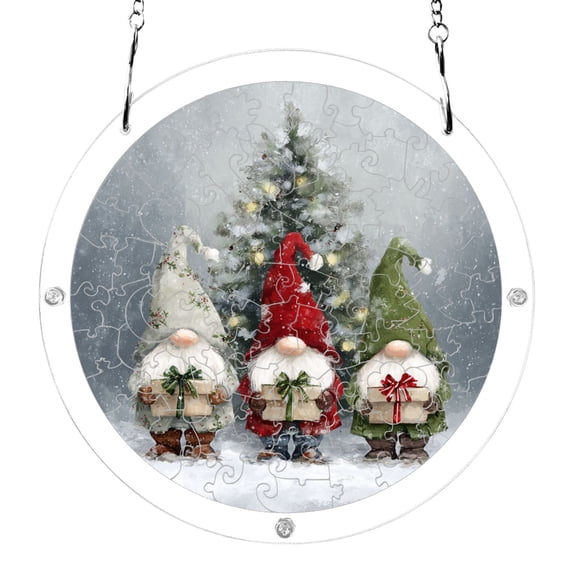 Christmas Gnomes with Gifts Acrylic Jigsaw Puzzles 83 Pieces Suncatcher for Window Hanging 7.5 Inch Holiday Home Decor