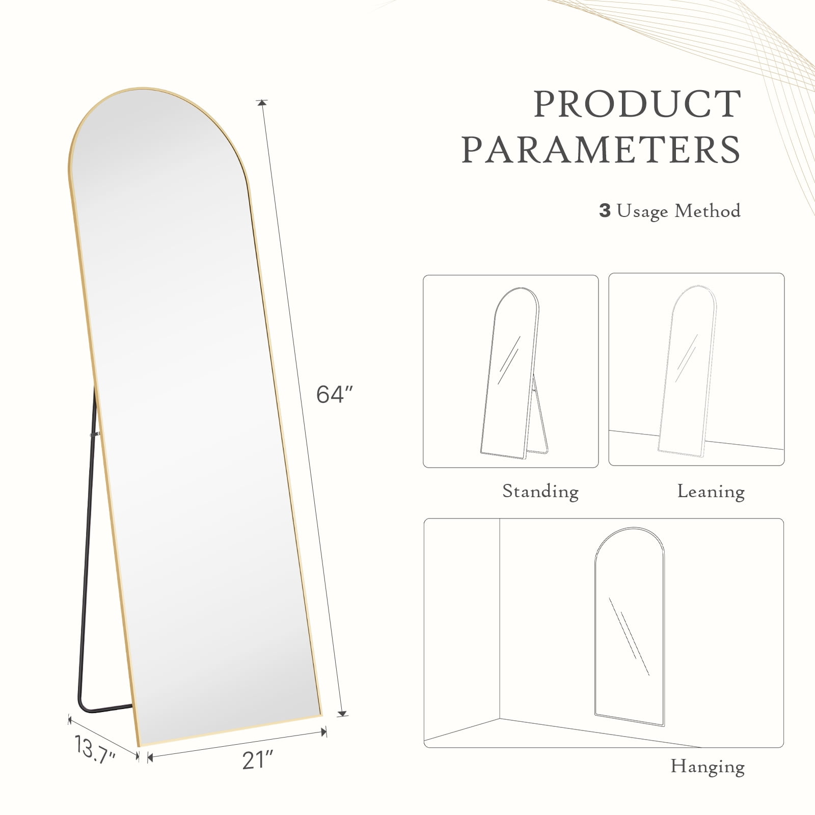 Zunmos 64"x21" Arched Full-Length Mirror with Stand or Wall, Gold Aluminum Frame for Bedroom or Livingroom