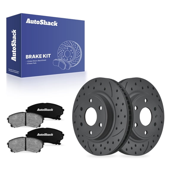 AutoShack Front Vented Drilled & Slotted Coated Brake Rotors Black Matte Finish   Ceramic Pads 6-PC Brake Kit Replacement for 2008-2014 Cadillac CTS BlackShield 13.59" (345.1 mm)