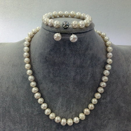 Genuine 8.5-9mm White Freshwater Cultured Round Pearl Set In 925 Sterling Silver
