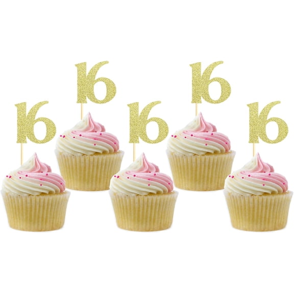 Gold Glitter Number 16 Cupcake Toppers, Sweet 16 Birthday Party Decorations, 12 Pack