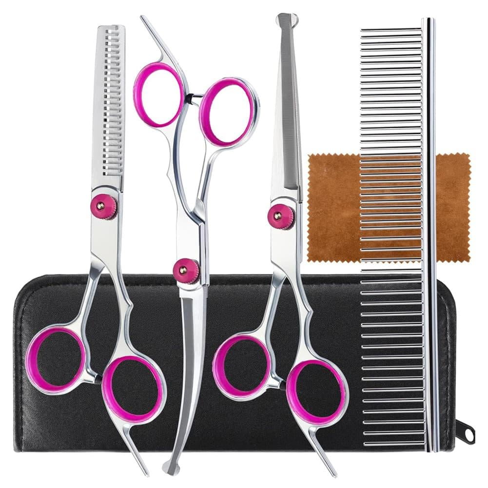 IFRINID Steel Pet Grooming Scissors Set-Curved up and Down Shears for Dogs and Cats-Home Grooming Trimming Kit for Paws Ears and