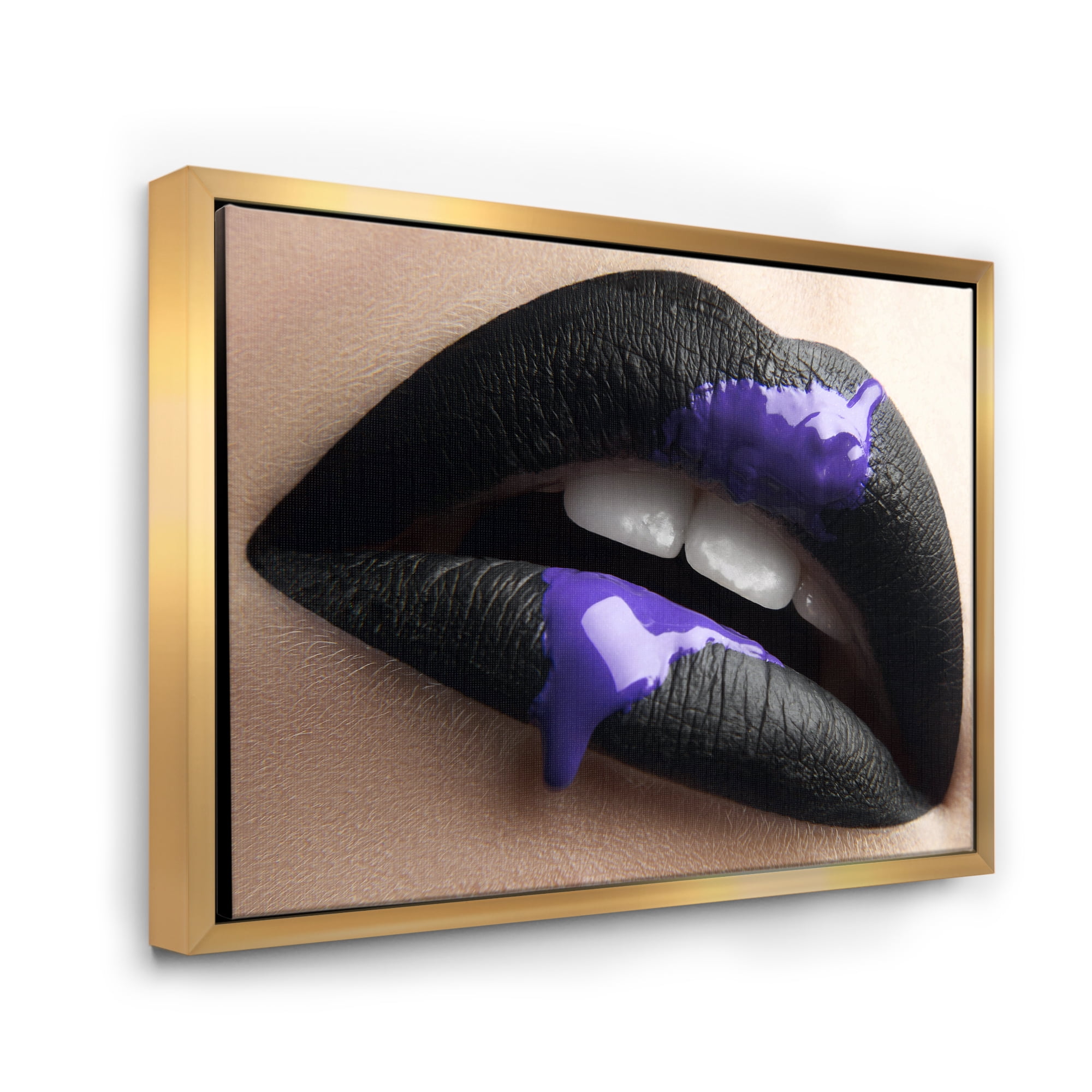 Woman Lips With Black Lipstick & Purple Paint 32 in x 24 in Framed Photography Canvas Art Print, by Designart