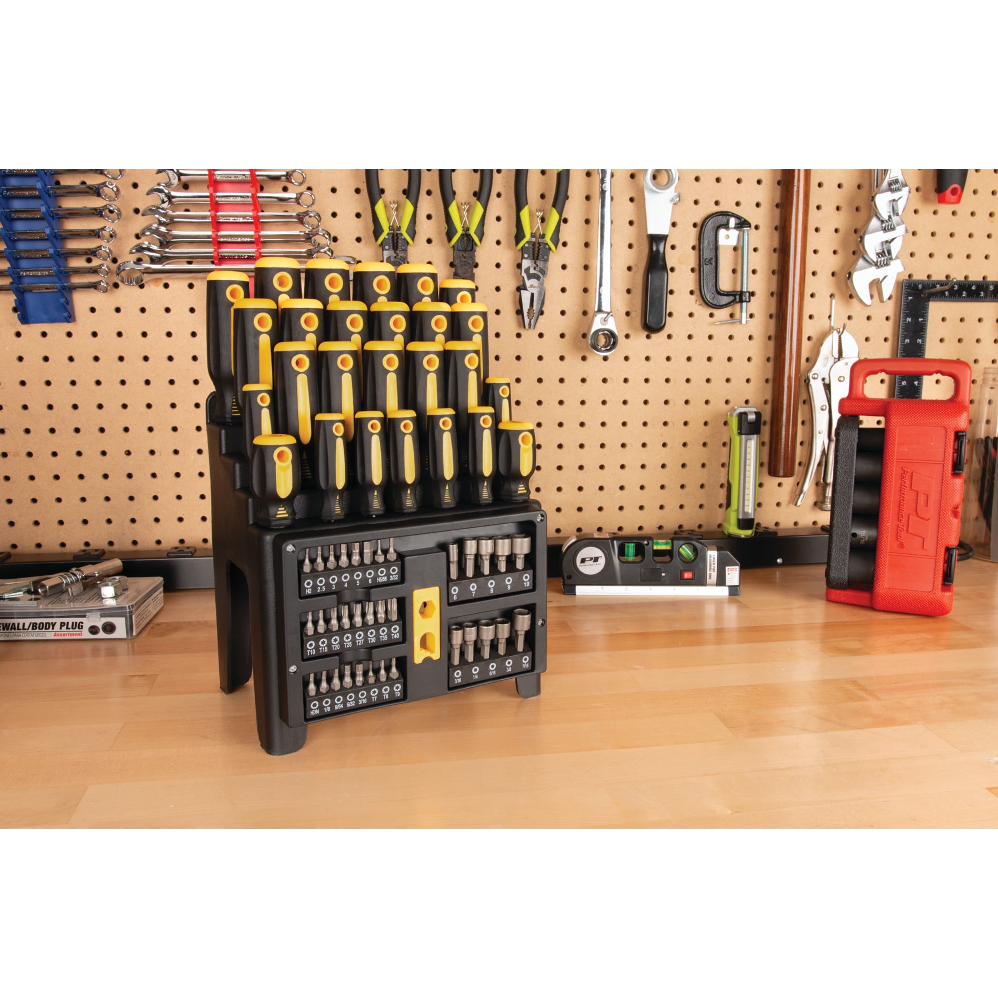 Performance Tool W1731 Screwdriver and Bit Set with Rack, Yellow/Black, 61-Piece