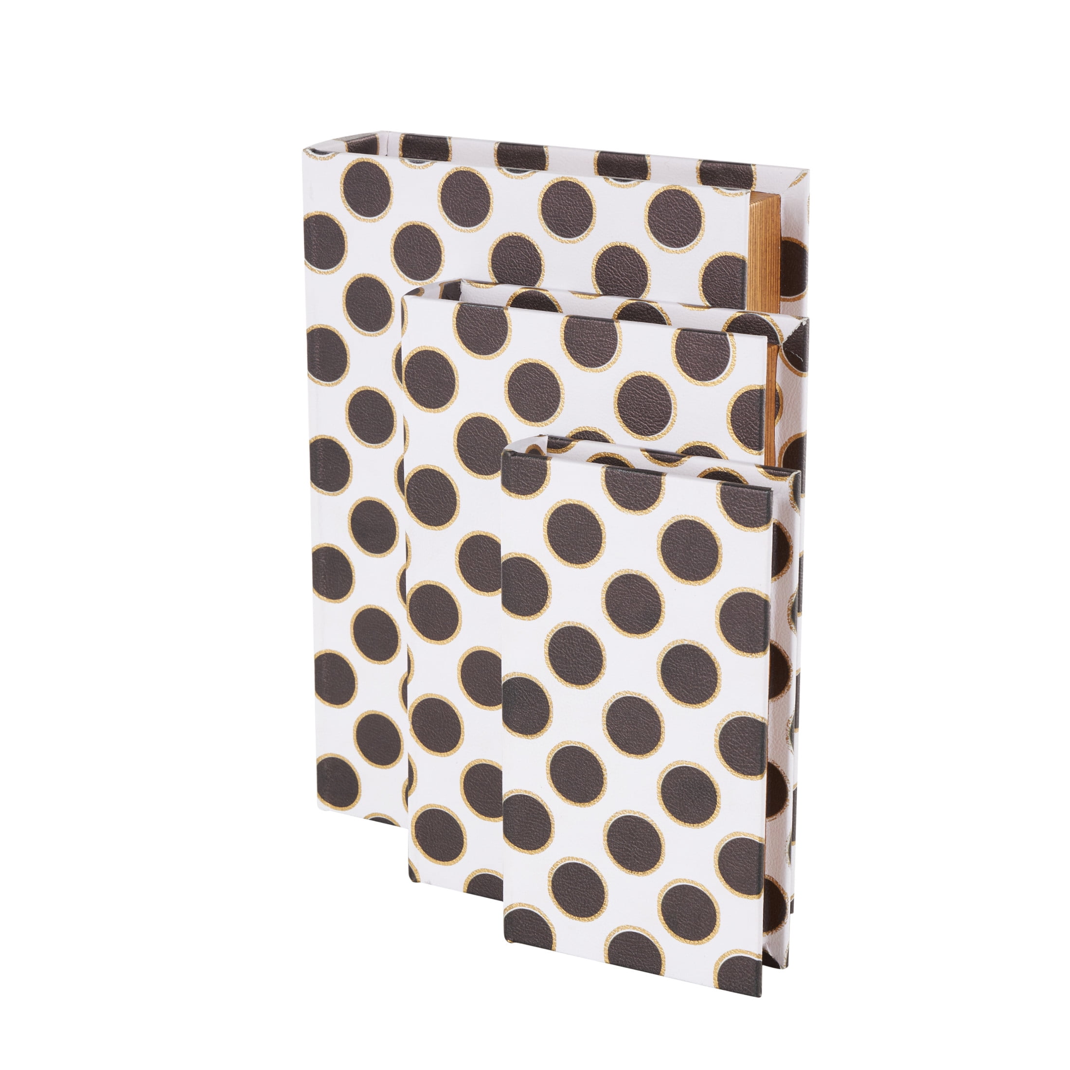 DecMode Polka Dot Faux Book Storage White Faux Leather Decorative Box with Black and Metallic Gold Accents, 3 Count