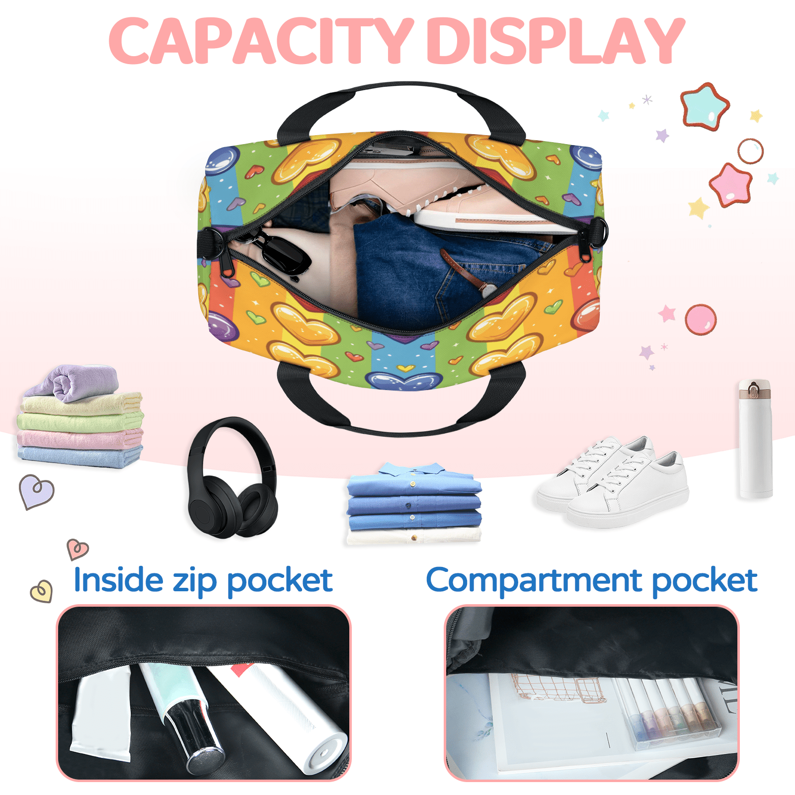 Herdesigns Love Heart Gym Bag for Women, Duffle Bag for Travel Sport, Rainbow Striped Lightweight Waterproof Carry on Weekender Dance Yoga Workout Bags