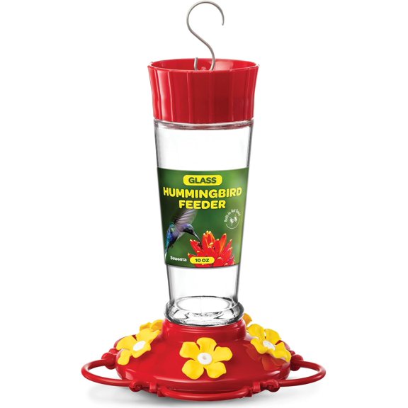 ZEN Hummingbird Feeder 10 oz Glass Hummingbird Feeders for Outdoors, with Built-in Ant Guard - Circular Perch with 5 Feeding Ports - Wide Mouth for Easy Filling/2 Part Base for Easy Cleaning