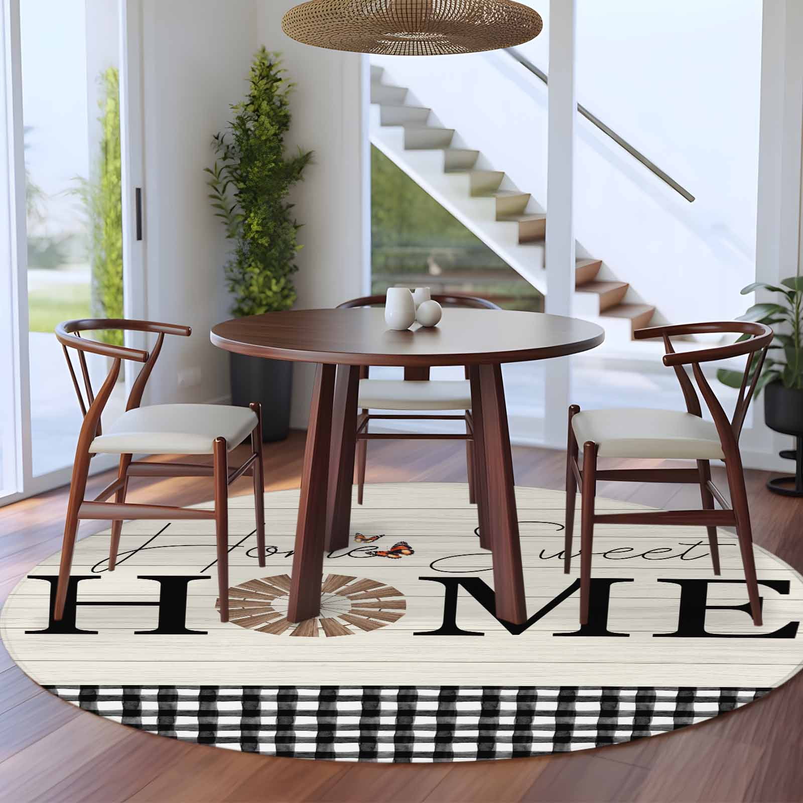 Home Sweet 5ft Round Rug for Dining Table for 4 People Under Table Placement Letter Wood Grain Checkered Farmhouse Decor Washable Non Slip Circle Area Rug