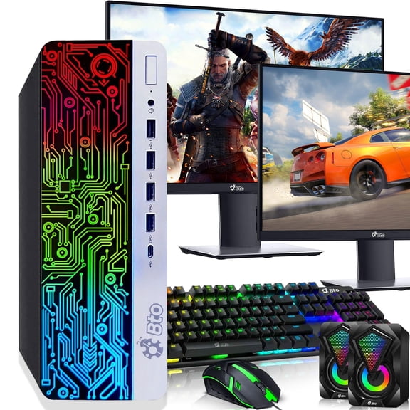 Restored BTO RGB Gaming Desktop PC - Intel i5 6th Gen - 16GB DDR4 Ram - 256GB SSD - 1TB HDD - GeForce GT 1030 - Dual 24-in Monitor - RGB Keyboard & Mouse - RGB Speakers - WiFi - Windows 11 Pro