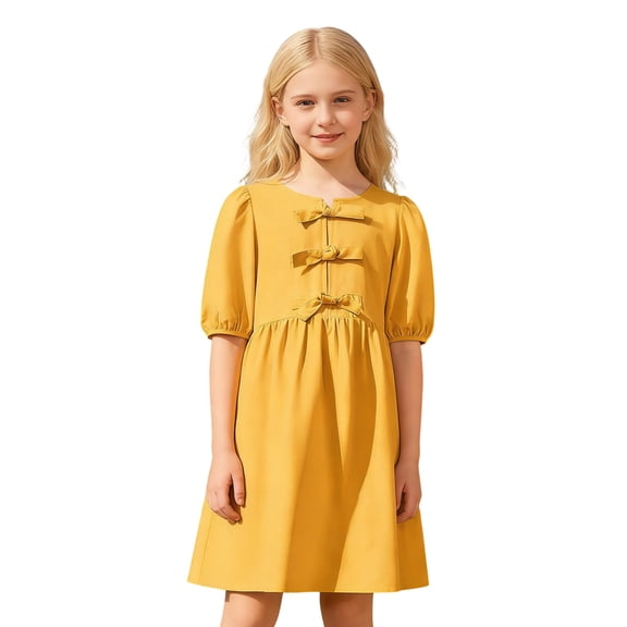 Fgnfyis Girls Summer Dress Bowknot Puffy Sleeves Solid Color A Line Short Party Gown for Toddler Kids Toddler Girl Dresses Yellow 7-8 Years