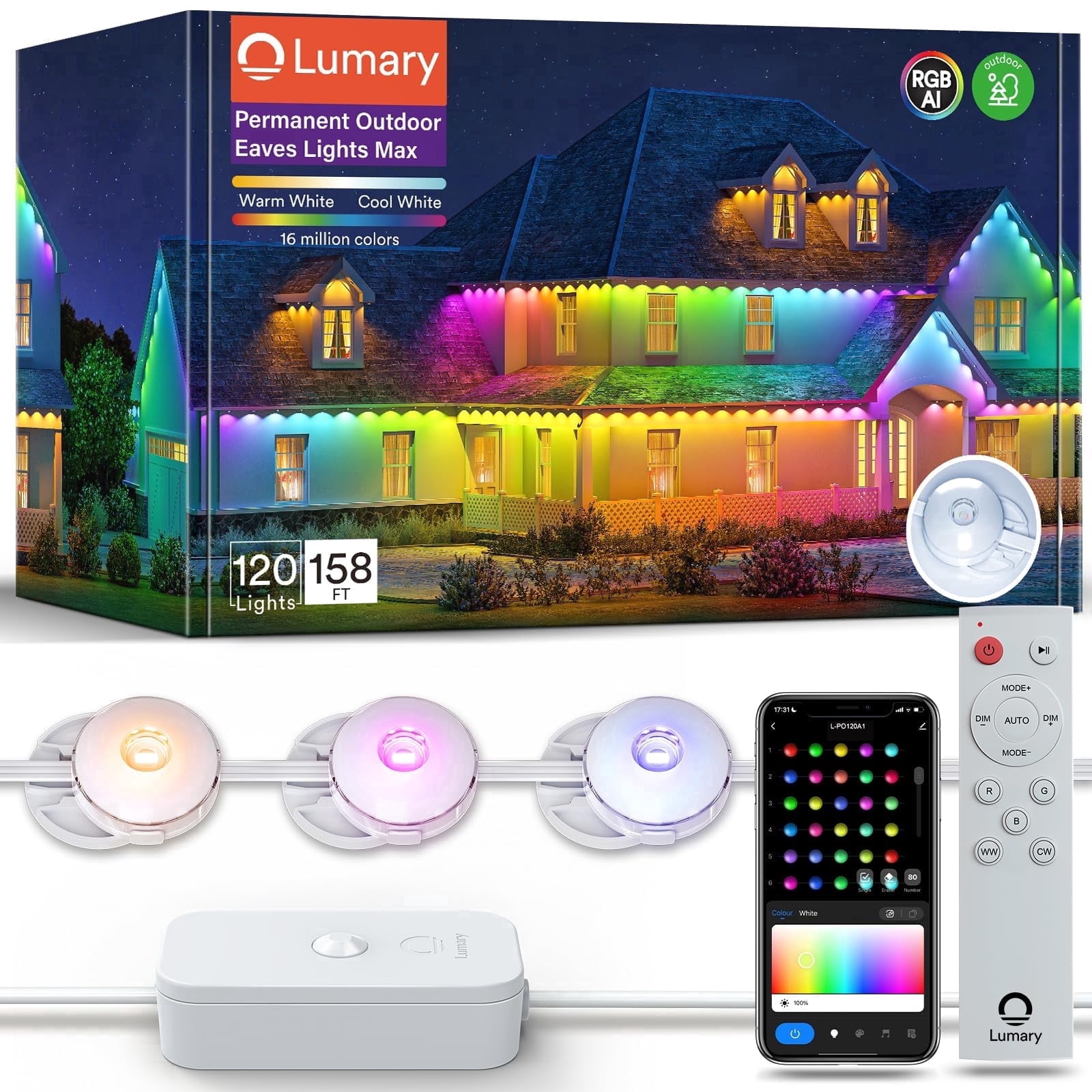 Lumary Permanent Outdoor Eave Lights 158ft 120 LED RGBAICW Smart LED Modern Plastic 1 Pack