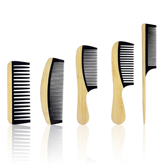 Amaopus 5 Pcs Handmade Bamboo Comb Set, Anti-Static Wooden Hair Comb for Women and Man, Wide Tooth, Fine Tooth & Rat Tail Combs for Long, Short, Thick, Curly Hair (Natural Black)
