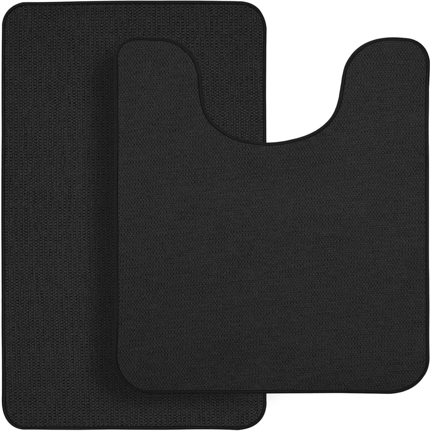 Bathroom Rug Set of 2, Toilet Rug, Quick Dry, Non-Slip, Machine Washable, Fit Under Doors, Absorbent Bathroom Rug（Black 20" x 32"+20" x 24"，U）