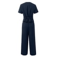 thumbnail image 5 of IWRICH Women's Linen 2 Piece Outfits Summer Short Sleeve V Neck Shirts Dressy Casual Sets Wide Leg Pant Suits Navy L, 5 of 9