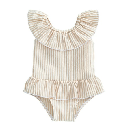 VNKIDY Girls Kids One Piece Swimsuit Stripe Print Ruffle Collar Skirt Hem Lace Trim Swimwear For Beach Pool Vacation Khaki 18-24 Months