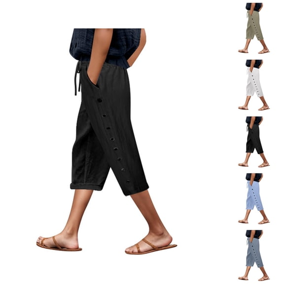 Capri Pants for Women Spring Summer Relaxed Fit Lightweight Elastic Waist Straight Leg Cropped Pants Capris with Pockets