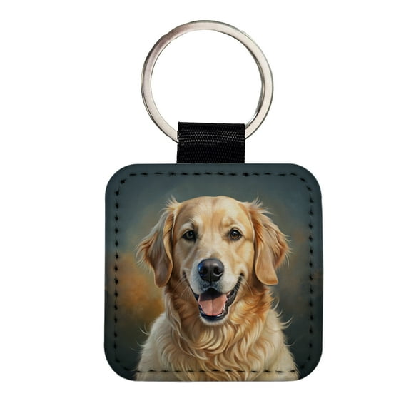 Golden Retriever Dog Illustration Faux Leather Square Keychain