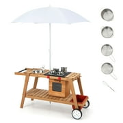Costway Kid's Play Trolley Outdoor Wooden Kids Play Cart with Sun Umbrella for Toddlers 3+ White