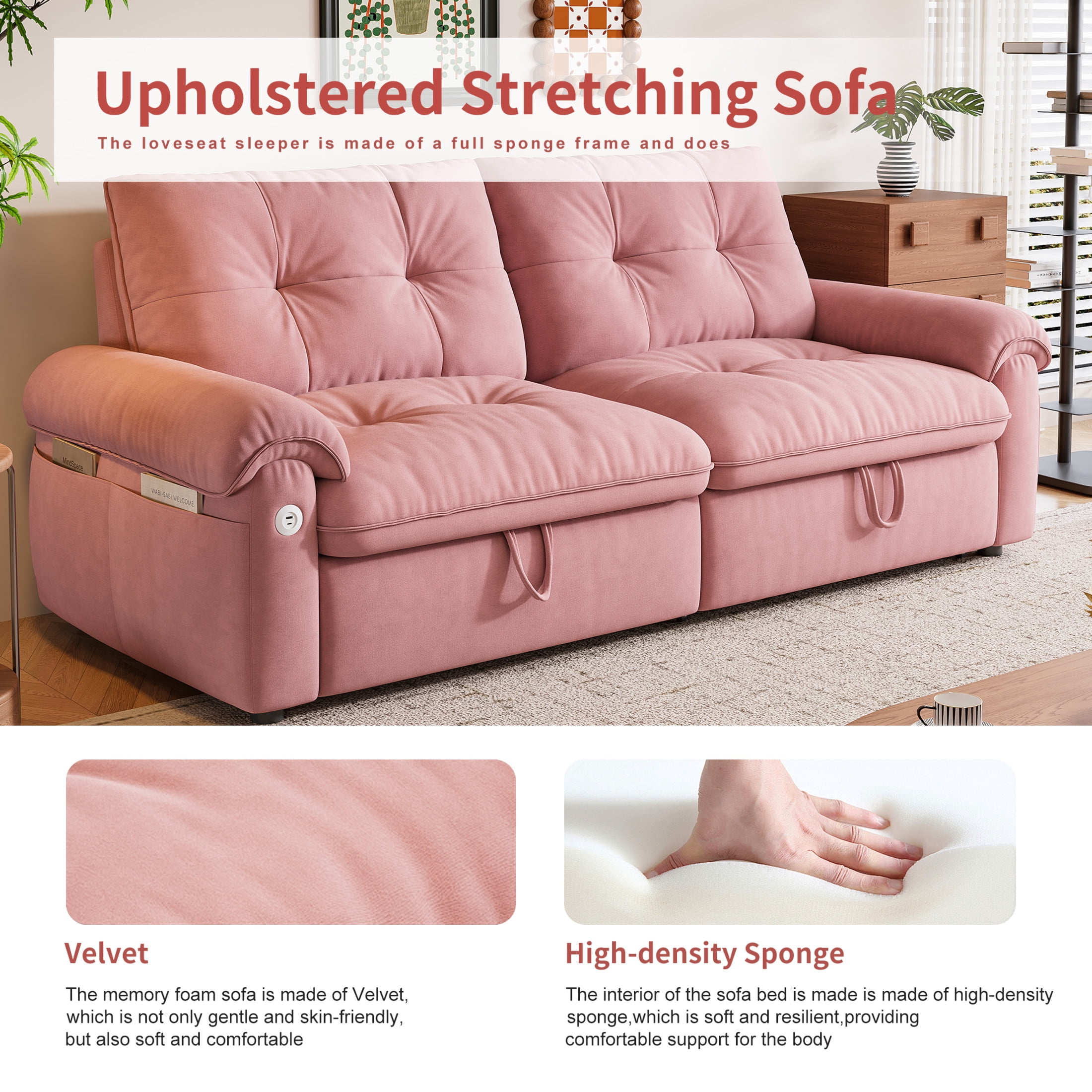 Noble House 77" Modern Velvet Convertible Sofa Bed, Pull Out Loveseat with Adjustable Backrest & USB Ports, Pink
