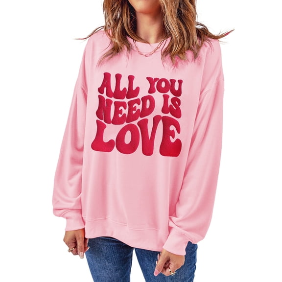 Women's Pink 'All You Need Is Love' Valentine's Slogan Graphic Sweatshirt - [ZhiHiMeRi] | (US 20-22)2XL