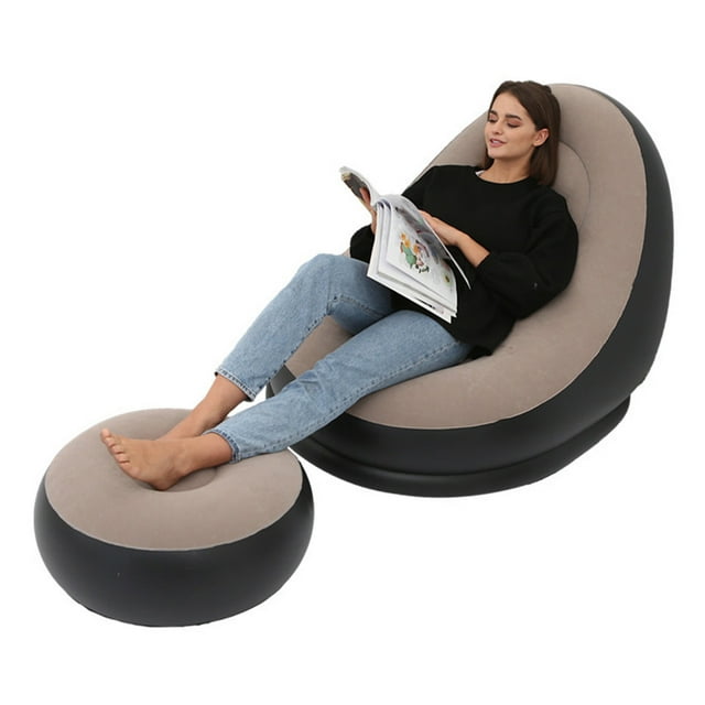 Inflatable Chair Foldable Flocking PVC Comfortable with Foot Stool Blow Up Lounge Chair for Outdoor Camping Travel