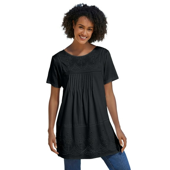 Woman Within Plus Size Embroidered Eyelet Pintucked Tunic