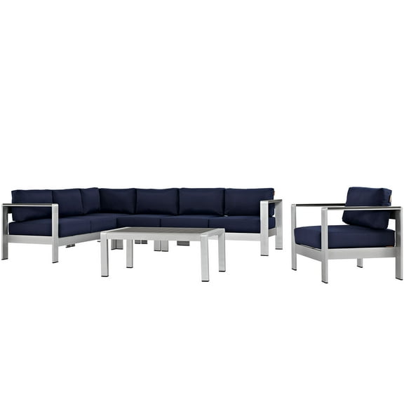 Modern Contemporary Urban Design Outdoor Patio Balcony Six PCS Sectional Sofa Set, Navy Blue, Aluminum