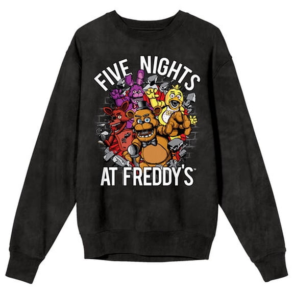 Five Nights At Freddy's Character Burst Adult Mineral Wash Black Salt Crew Neck Long Sleeve Sweatshirt-Medium