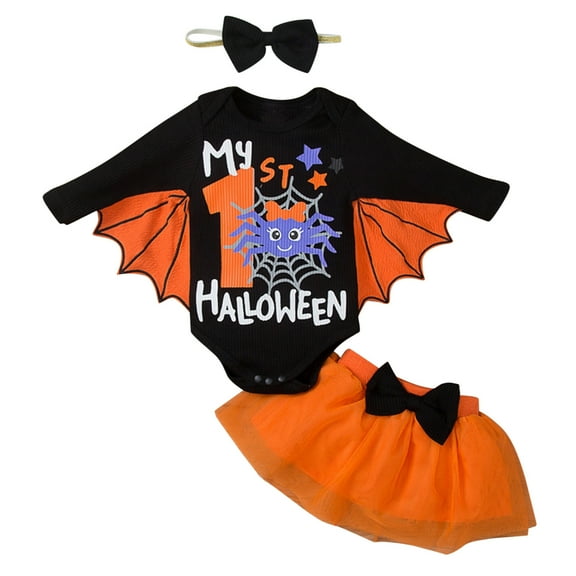 Mercatoo Toddler Baby Girls Halloween Outfit Letters Long Sleeves Romper Jumpsuit Tops Tutu Skirt 𝐈𝐧fant Girls Clothes Set