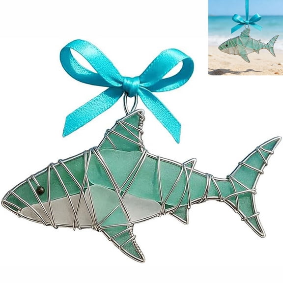 Handmade Sea Glass Ocean Ornament, 3D Coastal Hand Silver Wire Wrapped Ocean Inspired Memorial Hanging Decorations For Christmas Tree Decor,Home, Beach Lovers Gifts